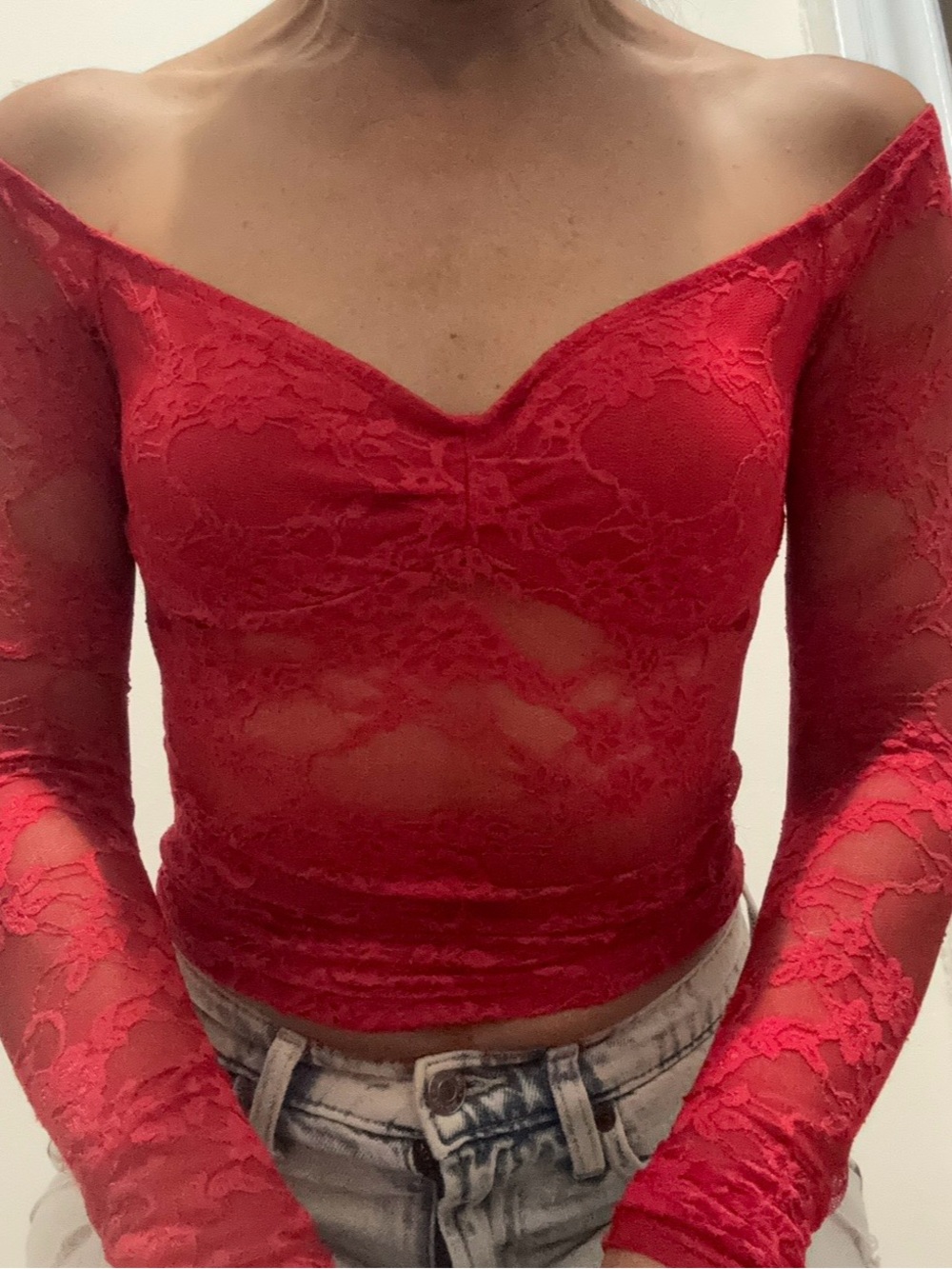 No brand Red Lace Off-Shoulder Top
